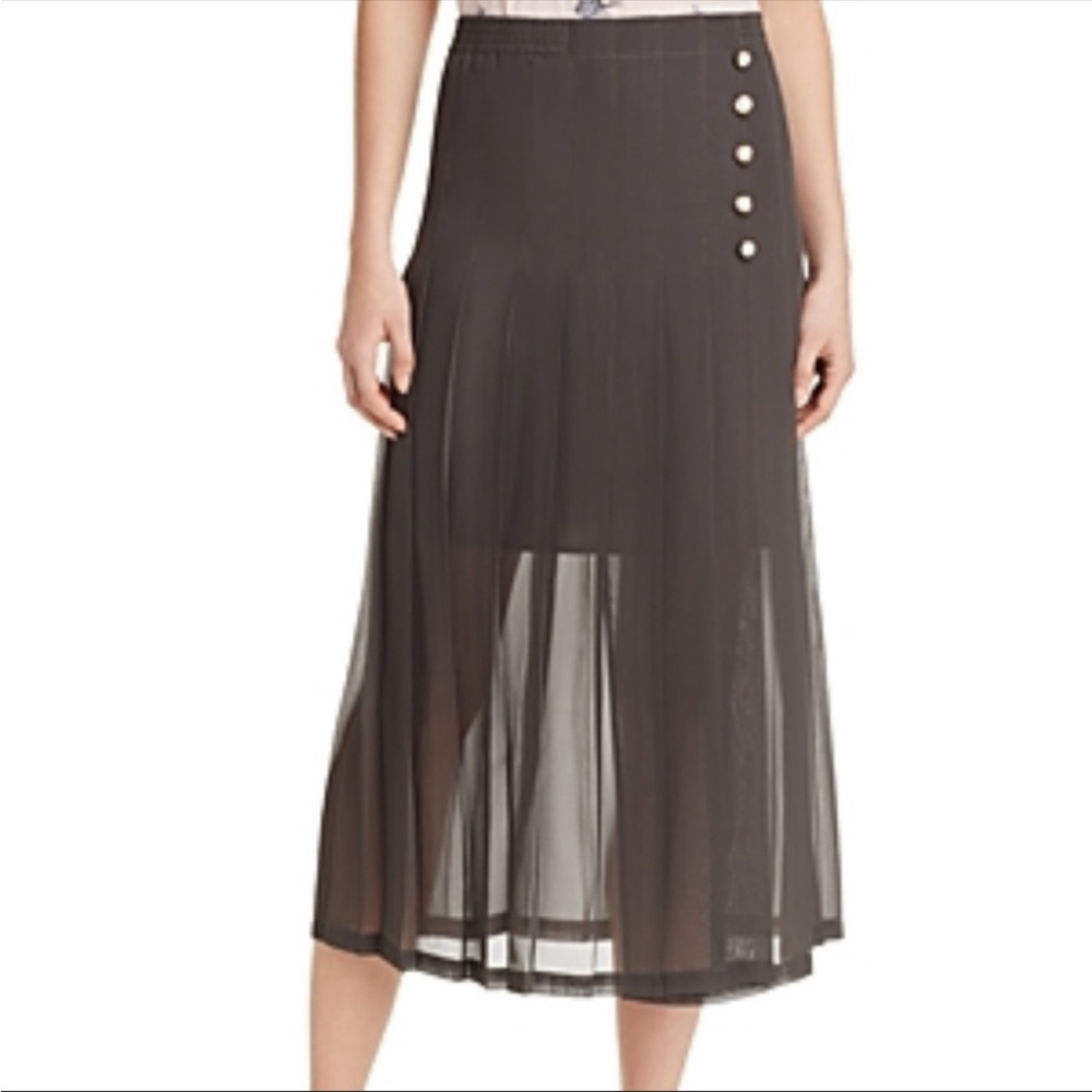 NWT The Kooples Pleated Pearlescent MIDI Skirt Polly Chiffon Small Olive Green.